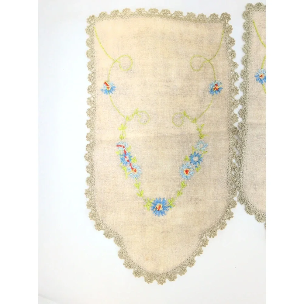 Vtg Linen Embroidered Napkins Set 4 Floral Scalloped Lace Cream Blue Green 7X12